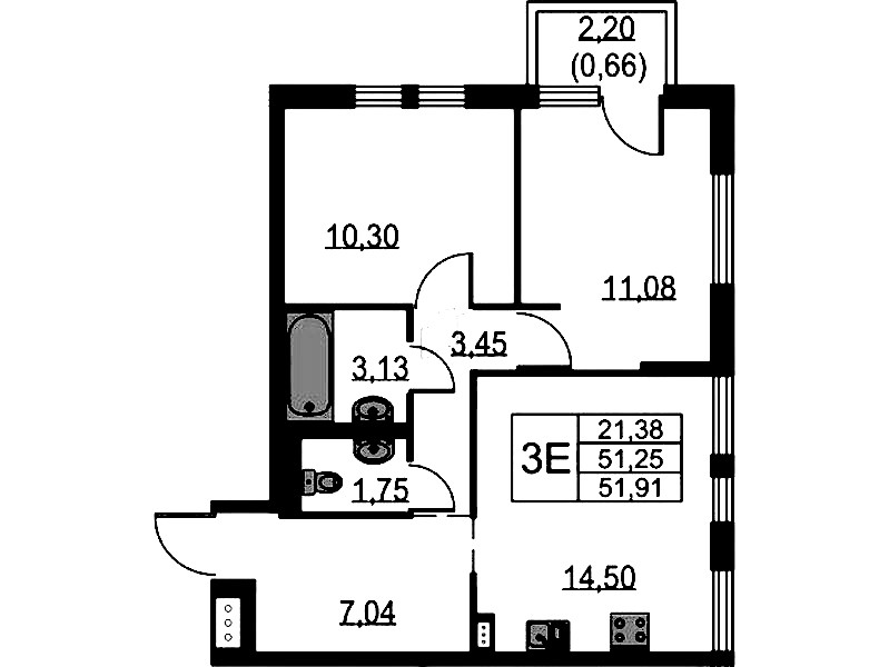 2-комнатная квартира 51.91 м², 2/18 эт., ЖК «Невская Долина»